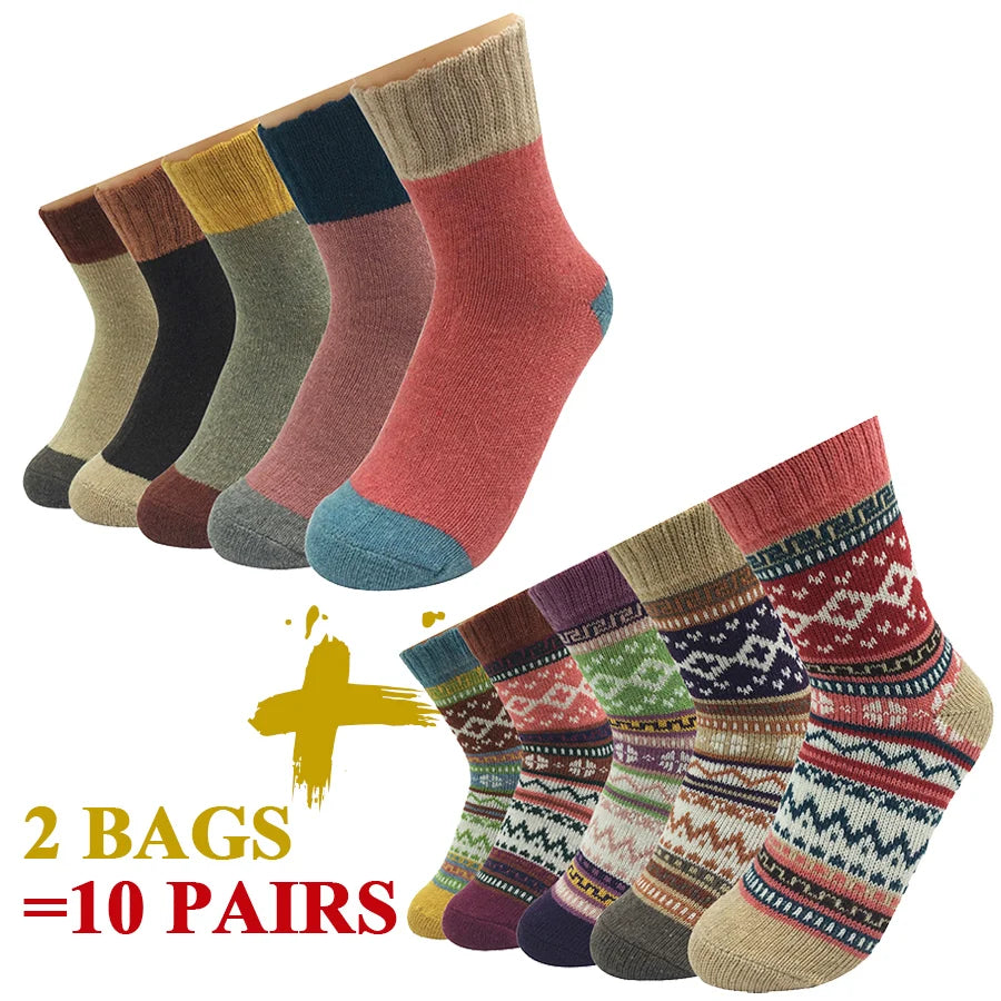 5 Pairs/Lot Wool Socks Women Winter Japanese Harajuku  Bohemian Cashmere Warm Colorful Socks Ladies Girl Christmas Gift 5 Styles-belleandkai.com
