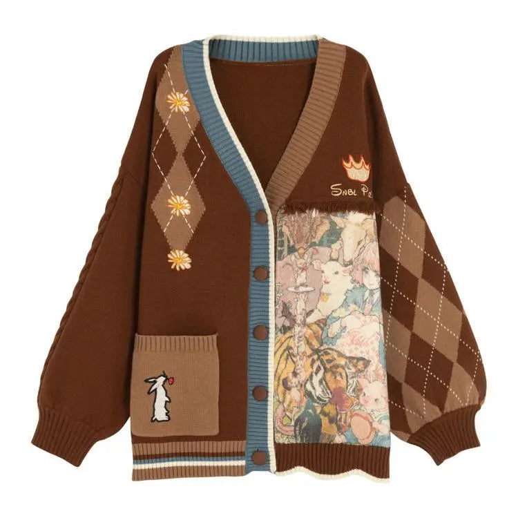 Vintage Harajuku Knit Cardigan Aesthetics Print Y2k Clothes V-neck Sweater Long Sleeve Coats College Style Streetwear Design-belleandkai.com