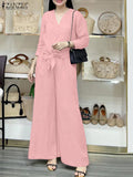 2025 ZANZEA Fashion Long Sleeve Blouse Pant Sets Spring Autumn Outfits 2PCS Women Work Matching Sets Casual Solid OL Tracksuits-belleandkai.com