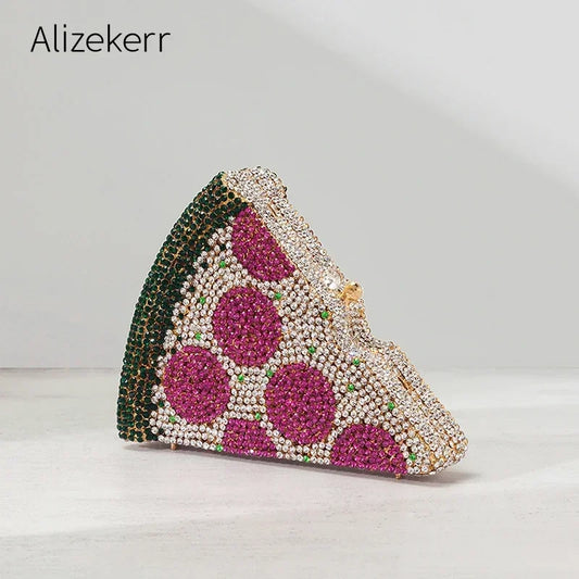 Alizekerr Pizza Shaped Diamond Evening Clutch Bags 2024 New Gorgeous Unique Metallic Watermelon Rhinestone Purses Wedding Party-belleandkai.com