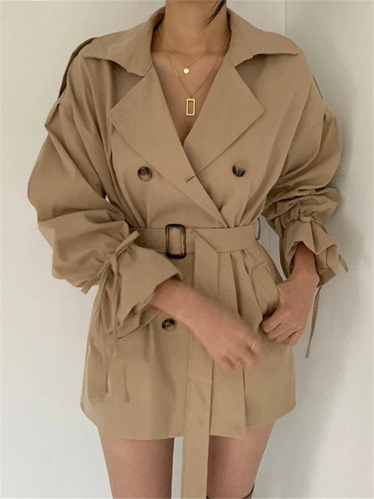 REALEFT 2023 New Autumn Winter Khaki Minimalist Women's Trench Coat Sashes Windbreaker Loose Flare Sleeve Double Breasted Trench-belleandkai.com