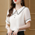Top for Woman Office Outfits Clothing Black Women's Shirts and Blouses Chiffon Wear To Work Formal Collar Short Sleeve New 2024-belleandkai.com