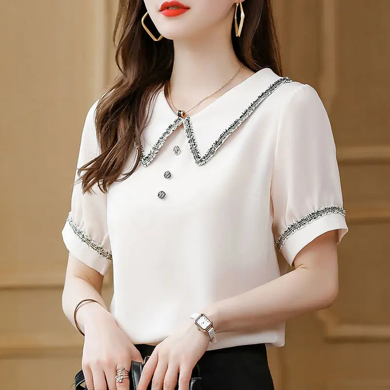 Top for Woman Office Outfits Clothing Black Women's Shirts and Blouses Chiffon Wear To Work Formal Collar Short Sleeve New 2024-belleandkai.com