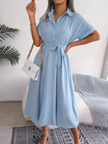 Women Summer Casual Short Sleeve Slim Waist Shirt Dress-belleandkai.com