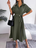 Women Summer Casual Short Sleeve Slim Waist Shirt Dress-belleandkai.com