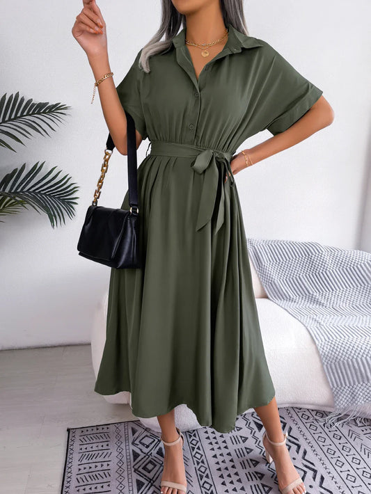 Women Summer Casual Short Sleeve Slim Waist Shirt Dress-belleandkai.com