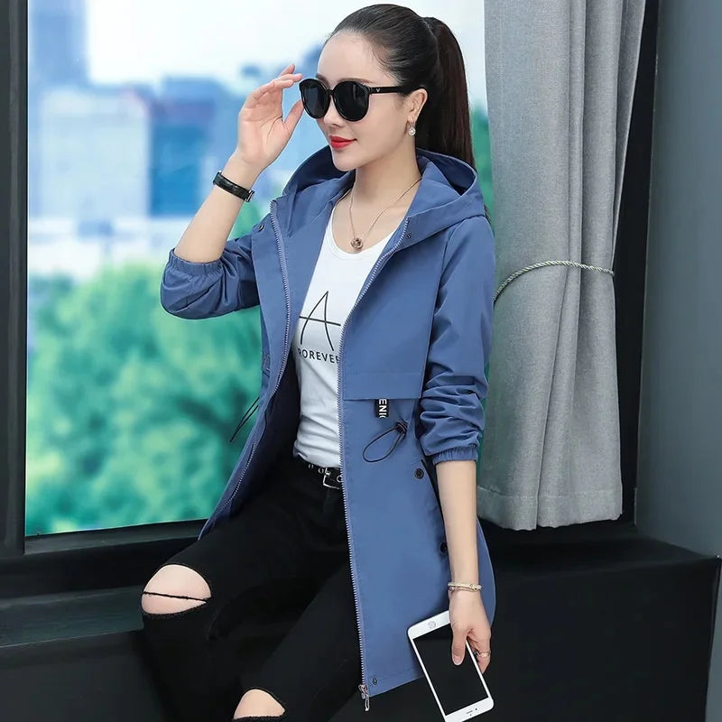 Hooded Coat Jacket for Middle-Aged Mothers Loose Elastic Waist Spring Autumn Zipper Open Cardigan Style Women's Clothing-belleandkai.com