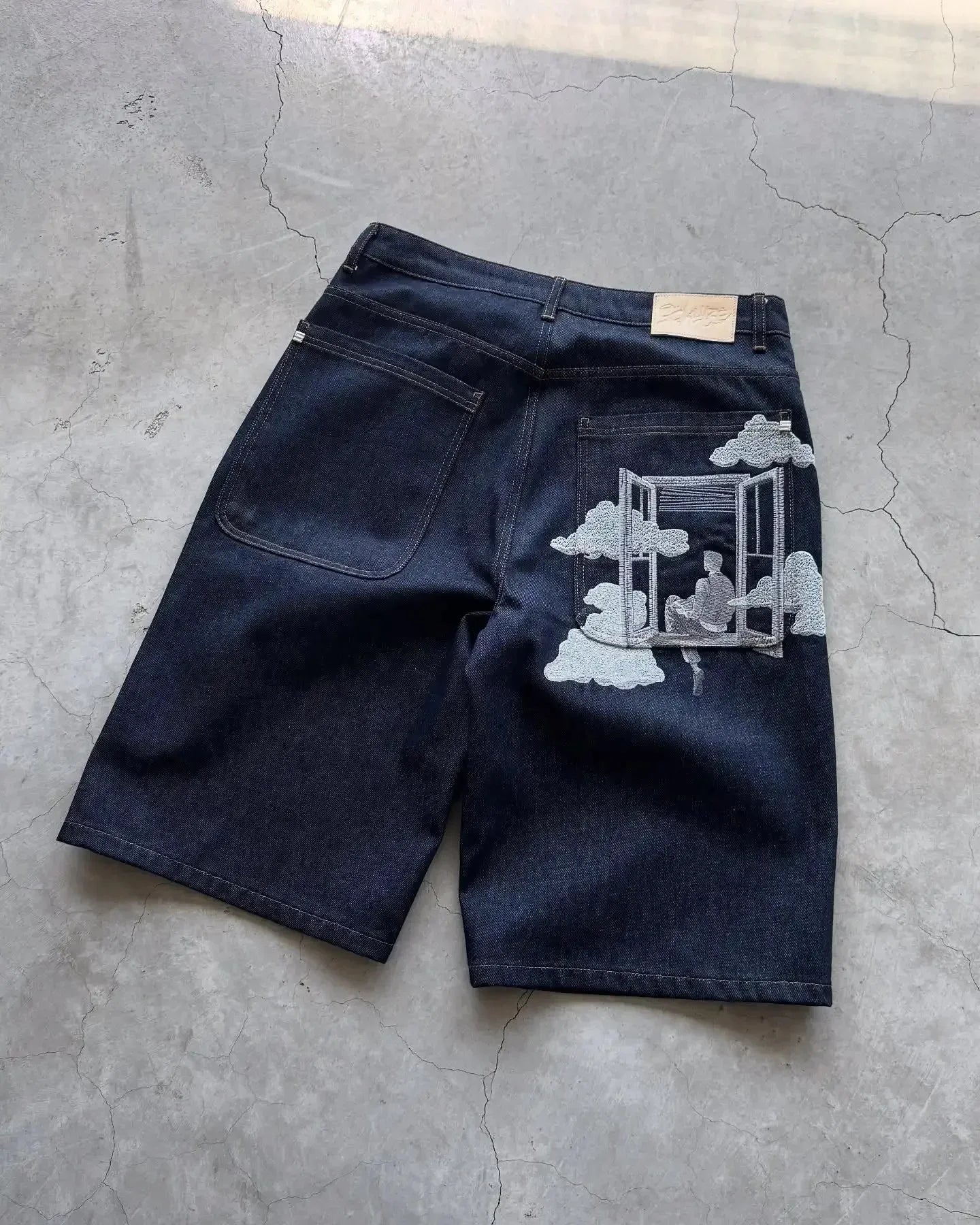 Y2k Street Men Women Double Waisted Retro Rhinestone Denim Shorts Gem Stones Embroidered Jeans Hip Hop Baggy Over The Knee Jorts-belleandkai.com