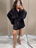 2025 Antumn Women's Outfits Solid Elastic Wide Shorts And Lace Up Tassels V-neck Full Sleeves Shirt Female High Street New Suits-belleandkai.com