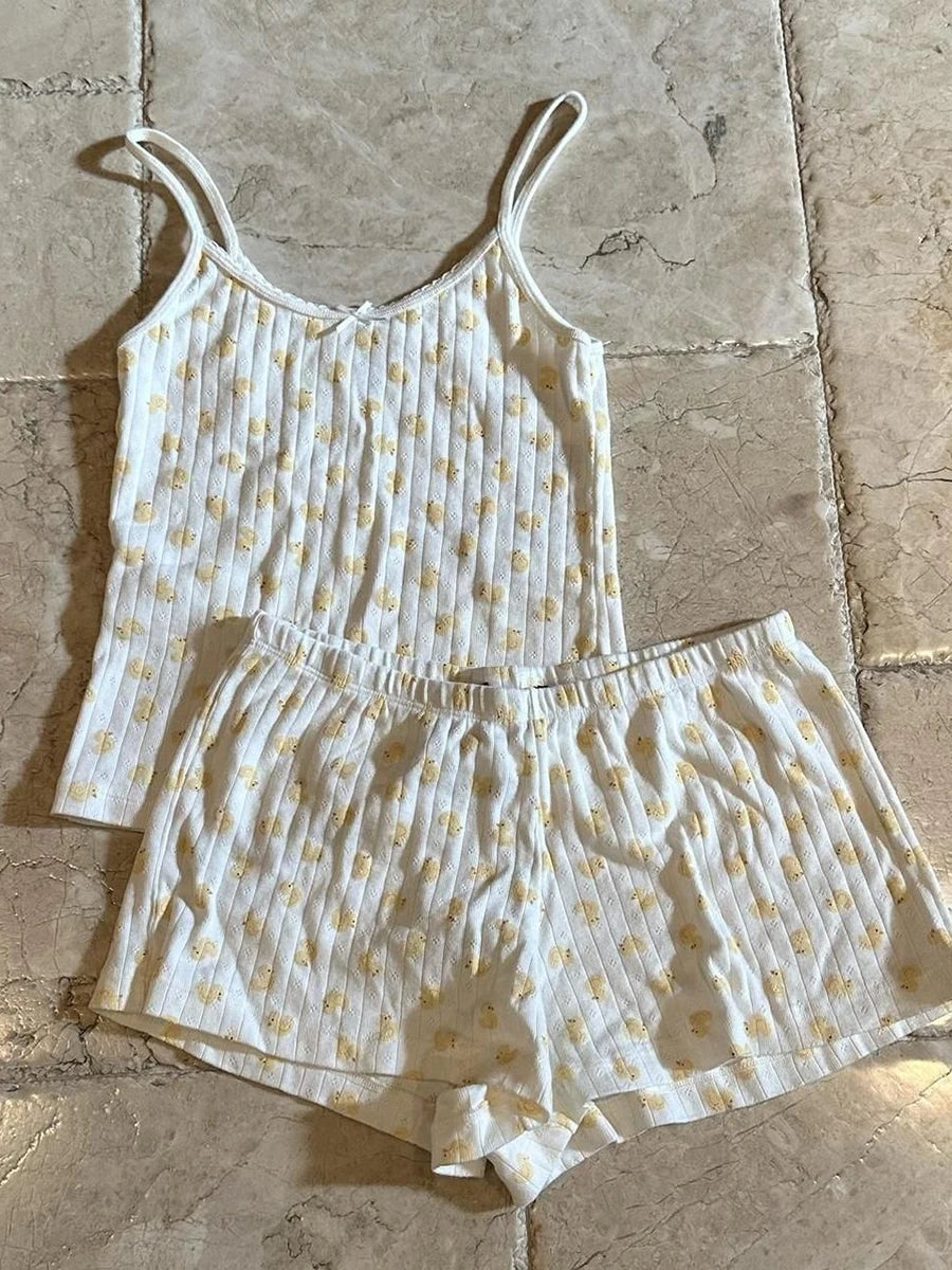 Strawberry Vest Shorts 2 Pieces Set Woman Eyelet Bow Slim Tank Top with Elastic Waist Patchwork Straight Short Pant Sweet Sets-belleandkai.com