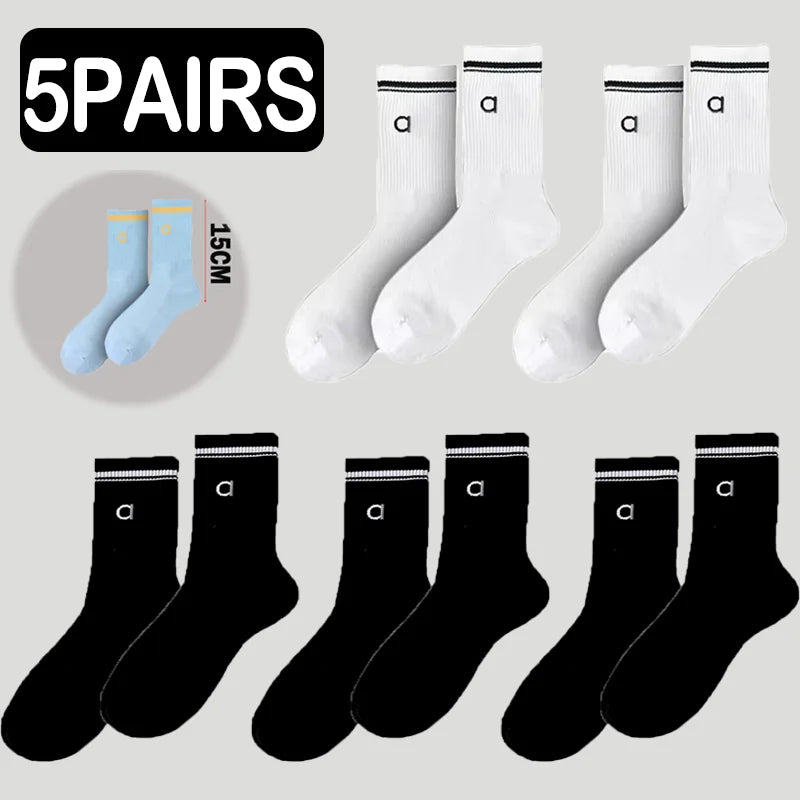 5 Pairs A* Premium Cotton Breathable Comfy Mid-Tube Unisex Socks for Sports Yoga Fitness All Season Pure White Couple Matching-belleandkai.com