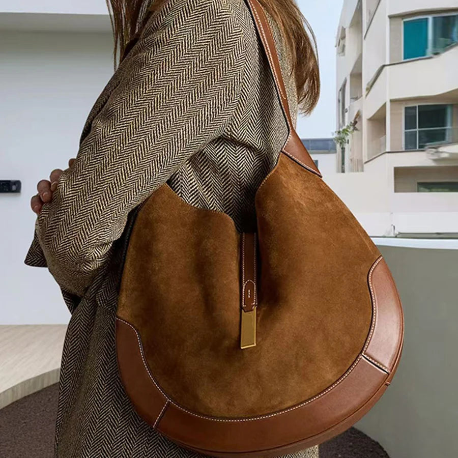 Women's underarm bag suede splicing pu leather design dumpling bag Tote bag Fashion brown/black shoulder crescent handbags bolsa-belleandkai.com