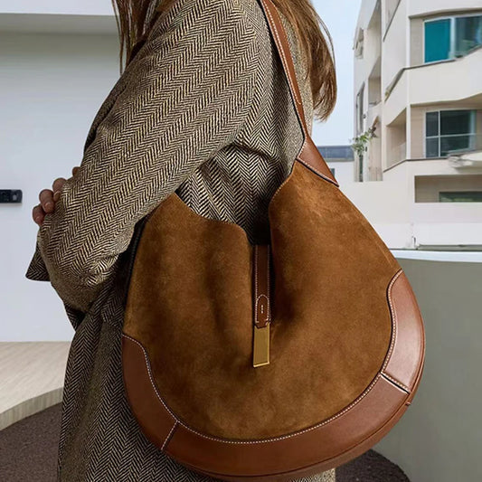 Women's underarm bag suede splicing pu leather design dumpling bag Tote bag Fashion brown/black shoulder crescent handbags bolsa-belleandkai.com