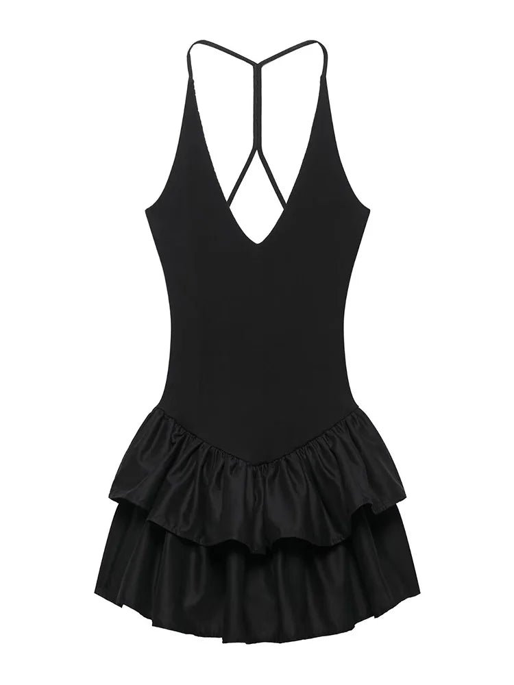 TRAF Women's Deep V-neck Sleeveless Sling Mini Dress Temperament Sexy Splicing Neck Short Backless Dress Elegant Women's Fashion-belleandkai.com