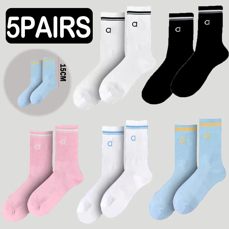 5 Pairs A* Premium Cotton Breathable Comfy Mid-Tube Unisex Socks for Sports Yoga Fitness All Season Pure White Couple Matching-belleandkai.com