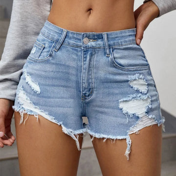 Fashionable Distressed Denim Shorts Women's Summer New Style Personality Shorts Hot Sale Straight Leg Mid Waist Made in China-belleandkai.com