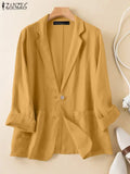 Women's Autumn Cotton Coats ZANZEA Fashion Lapel Neck Long Sleeve Blazer Thin Jackets Casual Officewear Suits OL Work Outwears-belleandkai.com