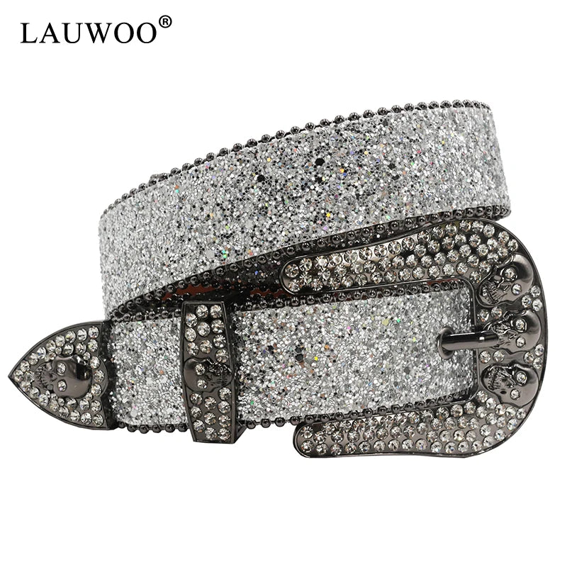 Skull Rhinestone Belts For Women Men Y2K Leather Strap Crystal Studded Western Cowgirl Cowboy Diamond Bling Bling Belt-belleandkai.com