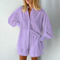 Women Jacquard Puff Sleeves Two Piece Sets for Summer Fashion Loose Shorts and Long Sleeved Shirt Outfits-belleandkai.com