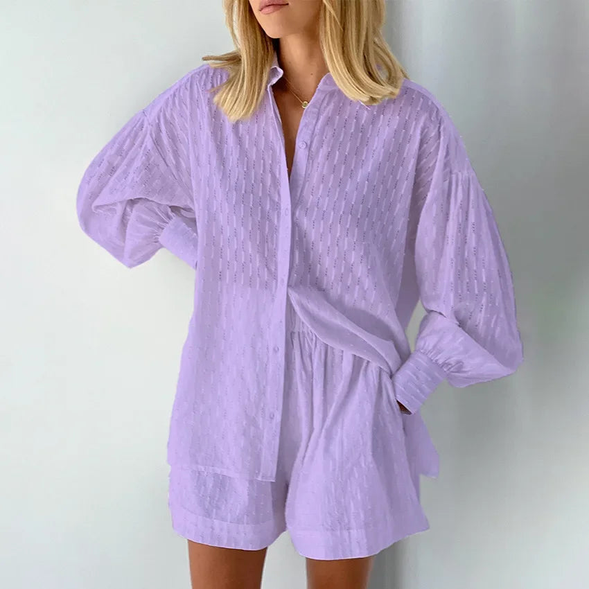 Women Jacquard Puff Sleeves Two Piece Sets for Summer Fashion Loose Shorts and Long Sleeved Shirt Outfits-belleandkai.com