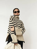Women's Striped Turtleneck Sweater2023New Autumn and Winter Loose Design Niche Knitwear Pullover Coat-belleandkai.com