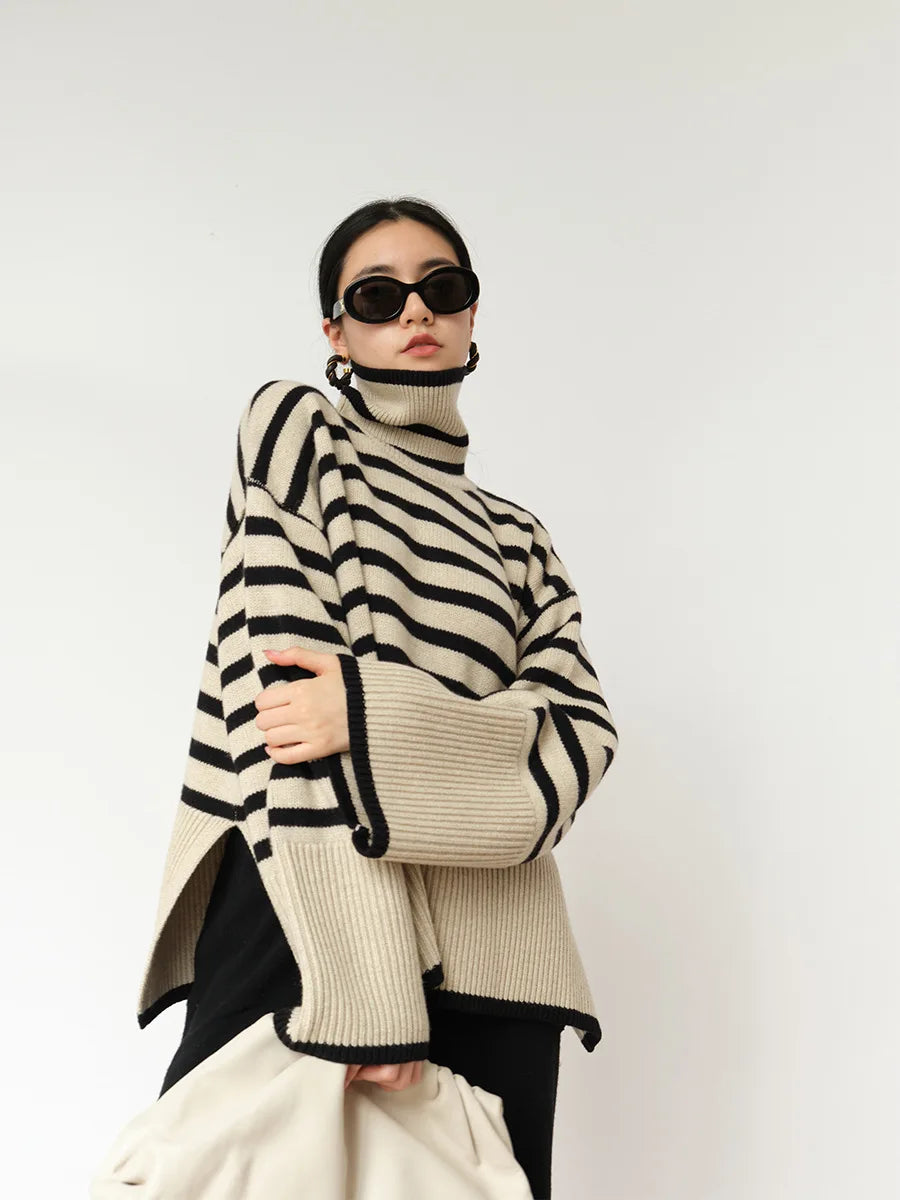 Women's Striped Turtleneck Sweater2023New Autumn and Winter Loose Design Niche Knitwear Pullover Coat-belleandkai.com