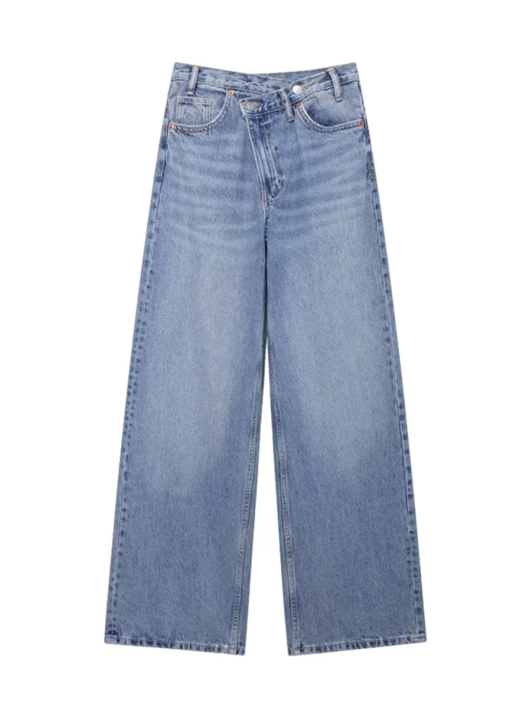 Women's Basic Hundred Jeans New Fashion Asymmetric Design High Waist Wide Leg Trousers Casual Women's Straight Leg Jeans-belleandkai.com