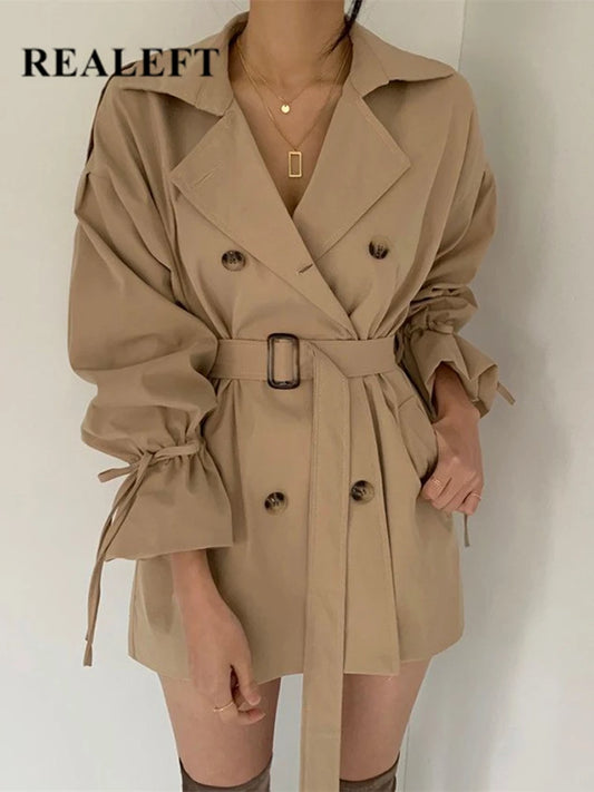 REALEFT 2023 New Autumn Winter Khaki Minimalist Women's Trench Coat Sashes Windbreaker Loose Flare Sleeve Double Breasted Trench-belleandkai.com