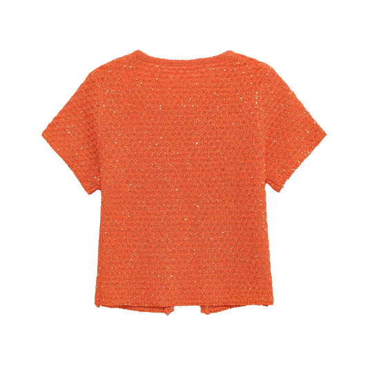 TRAFSHE Women's Fashion Summer Orange Knitwear Short Sleeve O-Neck One Button Sweater Top Knit Sequins Cardigan Women 9598092-belleandkai.com