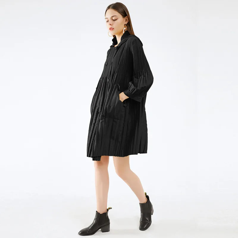 Miyake pleate Pleated Hooded Windbreaker Jacket Fall 2022 Winter New Korean Fashion Double Breasted Loose Women Long Trench Coat-belleandkai.com