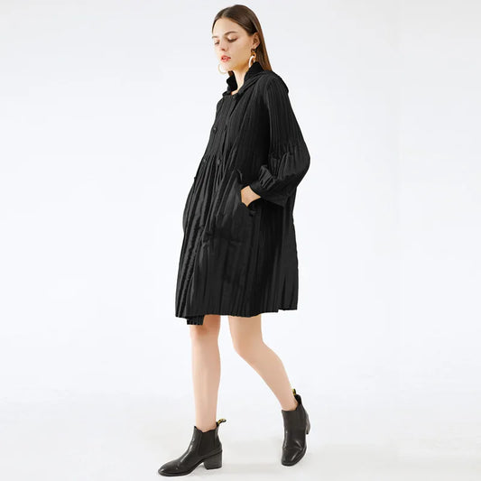 Miyake pleate Pleated Hooded Windbreaker Jacket Fall 2022 Winter New Korean Fashion Double Breasted Loose Women Long Trench Coat-belleandkai.com
