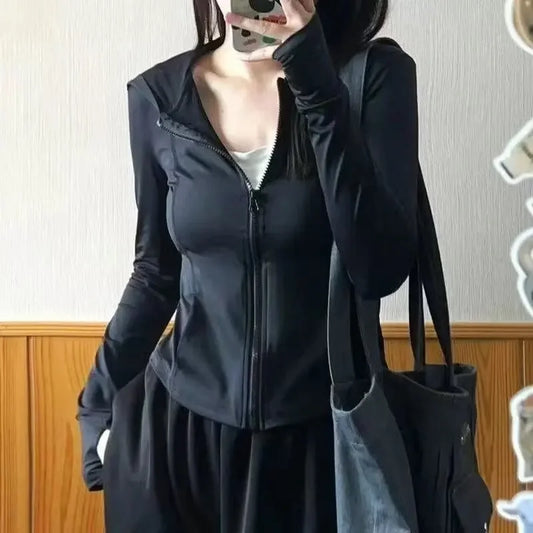 Women's Summer Zipper Sun Protection Clothing Slim Fit Yoga Jacket Hooded Light Weight Cross-Border UV Protection Open Cardigan-belleandkai.com
