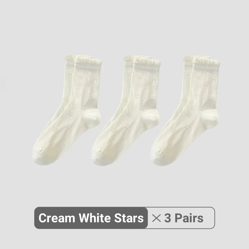 Women White Cream Lace Stackable Mid Calf Socks Bow Heart Star Design K-Style Spring Summer Thin Socks-belleandkai.com