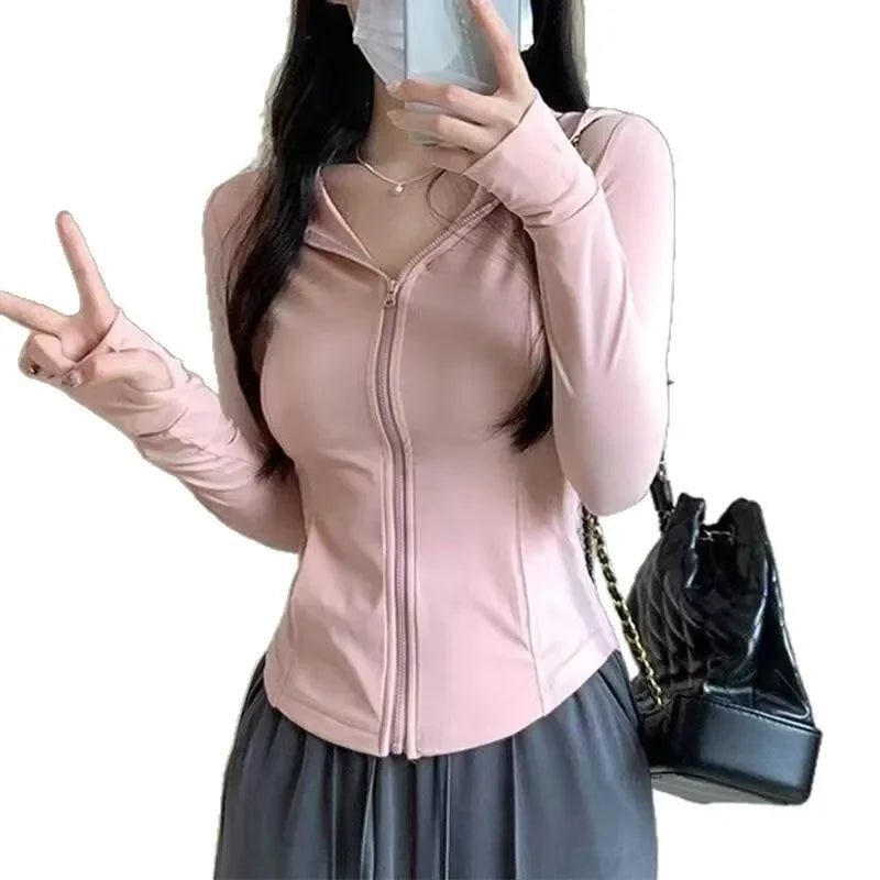 Women's Summer Zipper Sun Protection Clothing Slim Fit Yoga Jacket Hooded Light Weight Cross-Border UV Protection Open Cardigan-belleandkai.com