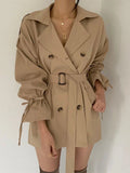 REALEFT 2023 New Autumn Winter Khaki Minimalist Women's Trench Coat Sashes Windbreaker Loose Flare Sleeve Double Breasted Trench-belleandkai.com