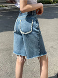 DFRCAEG 2025 Summer Jean Shorts Women Street Wear High Waist Burrs Wide Leg Half Length Bermuda Denim Shorts Woman Hot Sale-belleandkai.com