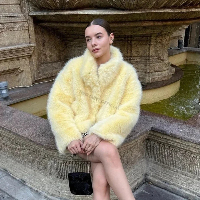 Neo Mint 2024 Winter Women Yellow Faux Fur Jacket Chic Girls Fashion Streetwear Thicken Warm Stand Collar Fox Fur Coat Outerwear-belleandkai.com