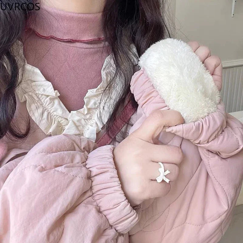Korean Style Cute Loose Warm Winter Jacket Women Chic Ruffle Neck Sweet Parkas Overcoat Japanese Harajuku Kawai Padded Coat 2023-belleandkai.com