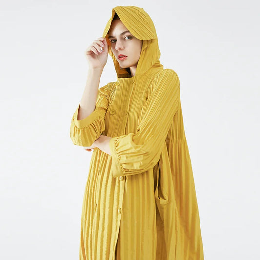 Miyake pleate Pleated Hooded Windbreaker Jacket Fall 2022 Winter New Korean Fashion Double Breasted Loose Women Long Trench Coat-belleandkai.com