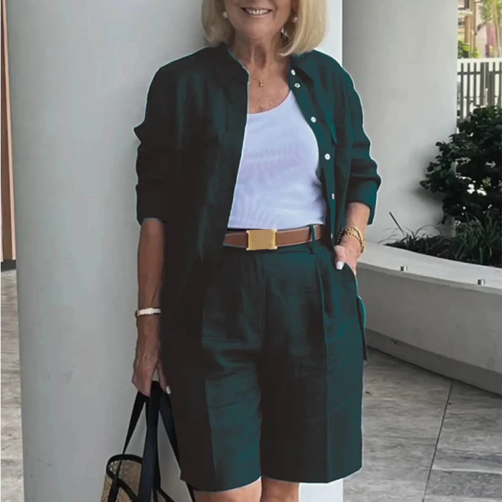 Elegant 2-Piece Sets For Women Womens Cardigan Shirt Top Summer Solid Color Casual Shorts Two Piece New In Matching Sets-belleandkai.com