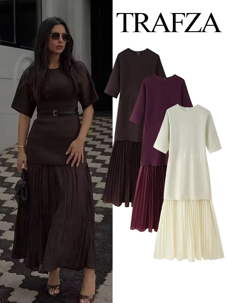 TRAFZA Women Elegant Half Sleeves O-Collar Pleated Dress Spring Woman Rear Zipper Splicing Vintage Casual Knitted Long Dress-belleandkai.com