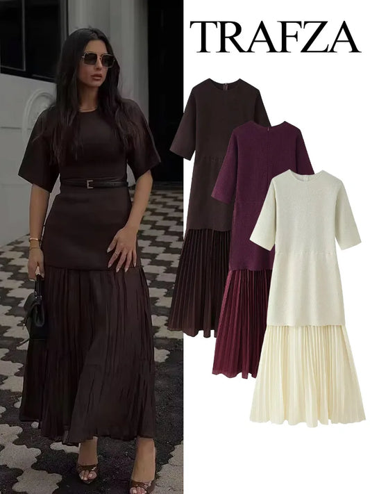 TRAFZA Women Elegant Half Sleeves O-Collar Pleated Dress Spring Woman Rear Zipper Splicing Vintage Casual Knitted Long Dress-belleandkai.com