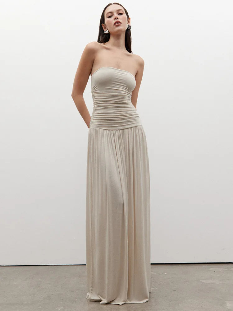 Mozision Off-shoulder Strapless Pleated Sexy Maxi Dress Women Fashion Backless Sleeveless High Waist Ruched Long Dress Elegant-belleandkai.com
