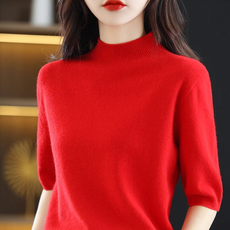RONGYI Seamless Cashmere Sweater Knitted Women's Clothing 100% Pure Wool Short-Sleeved 2022 Spring Five-Quarter Sleeve  Pullover-belleandkai.com