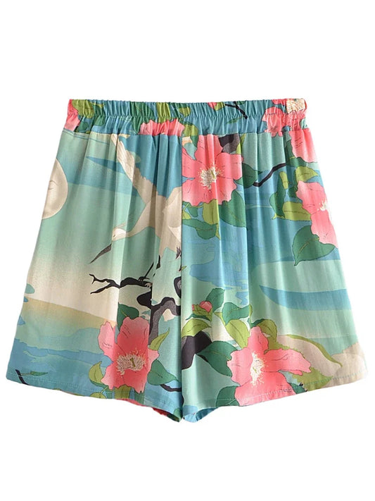 Summer Vintage Chic Women Crane Floral Print Bohemian Happie Short Ladies Elastic Waist Loose Beach Rayon Boho Shorts-belleandkai.com