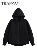 TRAFZA Autumn Women Gray Jacket With Hood Long Sleeve Big Pocket Zipper Jacket Coat Woman Loose Casual Outerwear Coat Tops-belleandkai.com