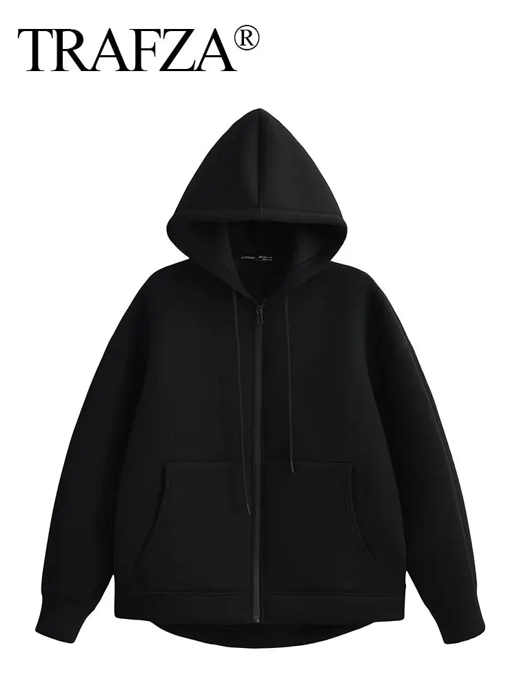 TRAFZA Autumn Women Gray Jacket With Hood Long Sleeve Big Pocket Zipper Jacket Coat Woman Loose Casual Outerwear Coat Tops-belleandkai.com