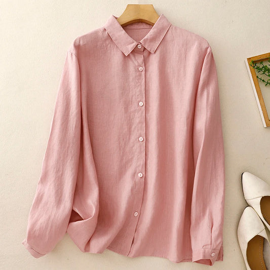 Cotton shirt female spring and autumn new fashion Japanese literature elegant solid color versatile long-sleeved casual blouse-belleandkai.com