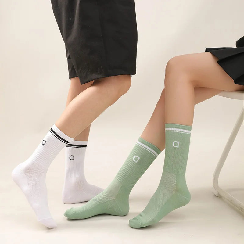 5 Pairs A* Premium Cotton Breathable Comfy Mid-Tube Unisex Socks for Sports Yoga Fitness All Season Pure White Couple Matching-belleandkai.com