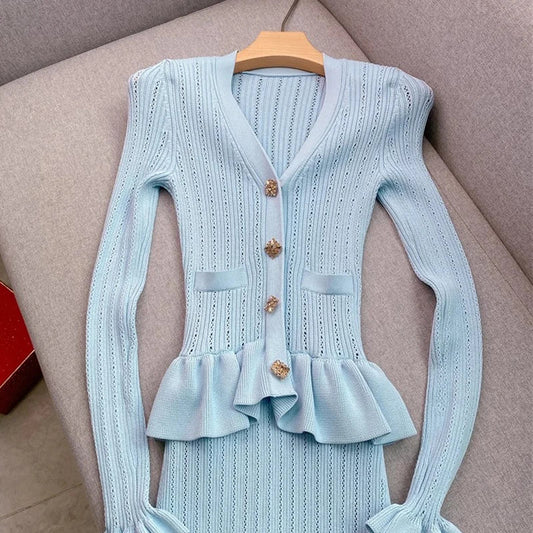 YuooMuoo Brand Fashion One-piece Knitted Maxi Dress Women Elegant V-neck Ruffled Slim Waist Bodycon Sweater Dress Party Vestido-belleandkai.com